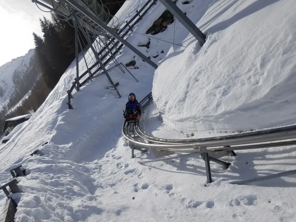 Alpine Coaster mit Fahrgast auf der Schiene.